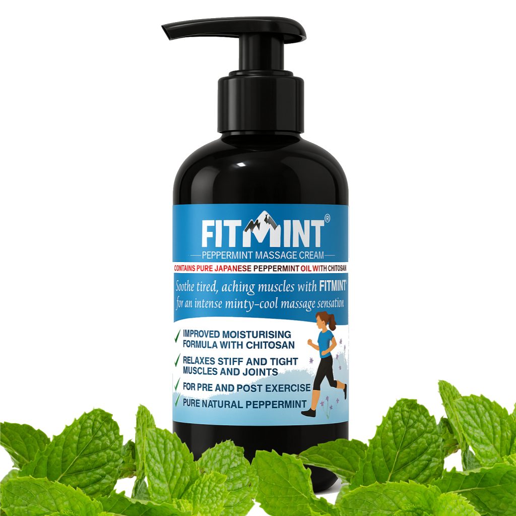 fitmint 200ml peppermint massage bottle with mint leaves